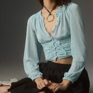 Anthropologie Long Sleeve Femme Ruched Crop Top Shirt Sheer Cottagecore Medium